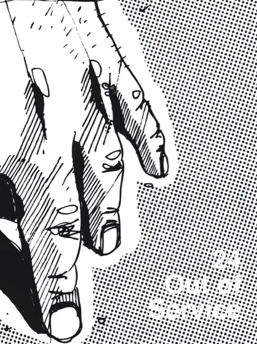 a cover of dichotomy 24 out of service magazine -- black and white hand among black dots