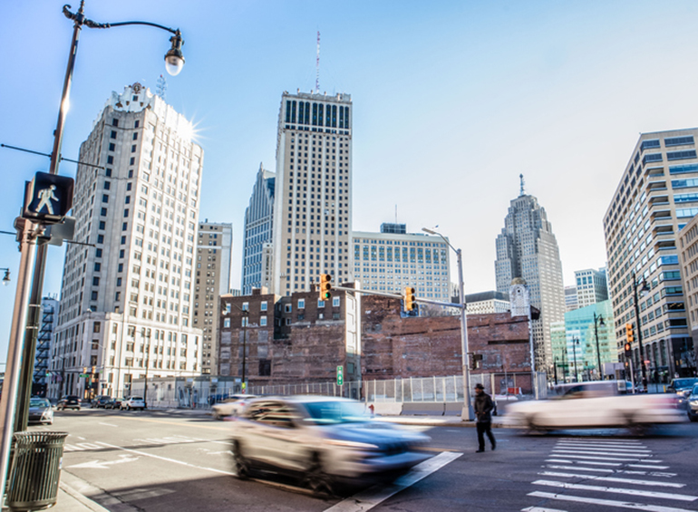 view from a road of detroit buildings