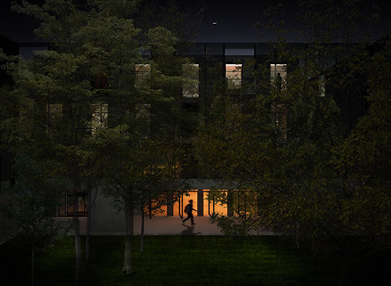 Rendering of the building at night.